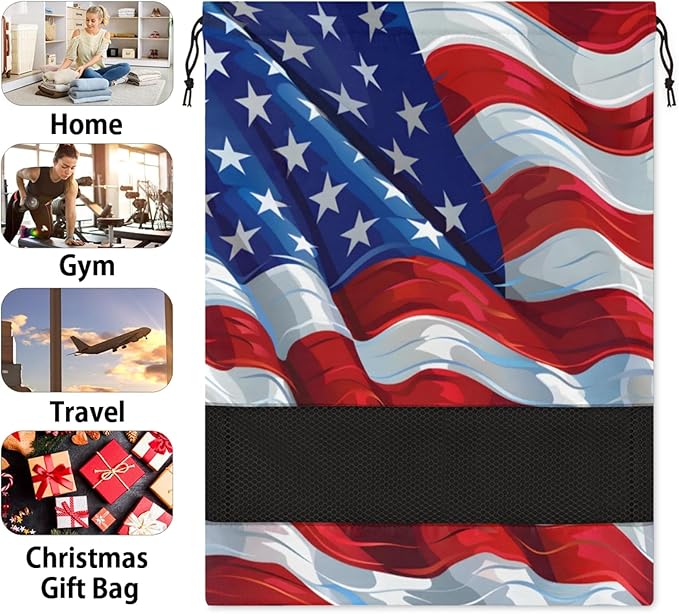 Flag US Travel Shoe Bag Waterproof Portable Shoe Bags for Storage with Drawstring,Breathable Mesh Washing Organizer for Laundry Sneakers Boots Dance Shoes