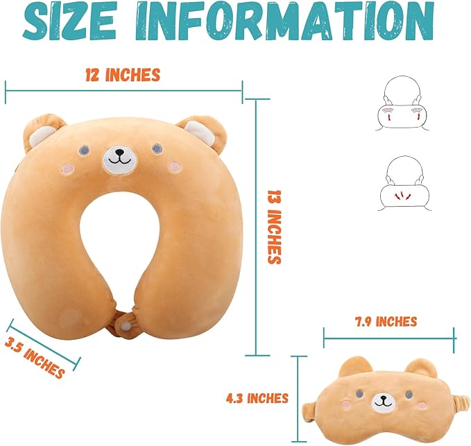 Kids Neck Pillow for Travel with Sleep Eye Mask, Cute Travel Neck Pillow, Memory Foam Flight Sleeping Headrest Pillow for Boys & Girls, Airplane, Train, Car, Home Use - Brown Bear