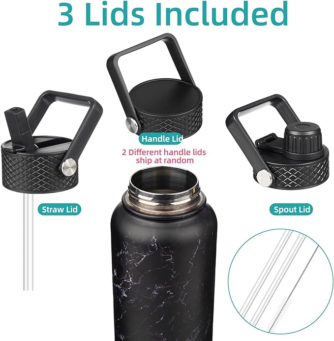 40oz Insulated Water Bottle Stainless Steel Sport Bottles with 3 Lids,Marble Midnight