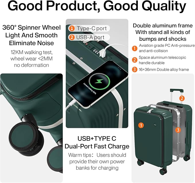 mixi Large Checked Luggage with Cup Phone Holder and Charger Hard Shell Suitcases with Spinner Wheels, 26 Inch Blackish Green