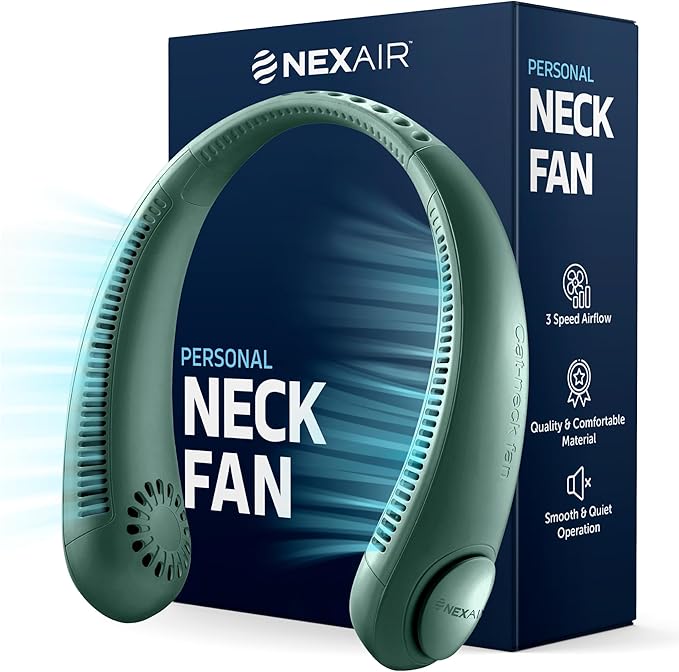 NEXAIR Portable Neck Fan - 3 Speed Rechargeable Bladeless Neck Fan, Adjustable Personal Green Neck Fan For Women & Men Modern Design, Great Cooling Fan For Travel, Outdoors & Sports