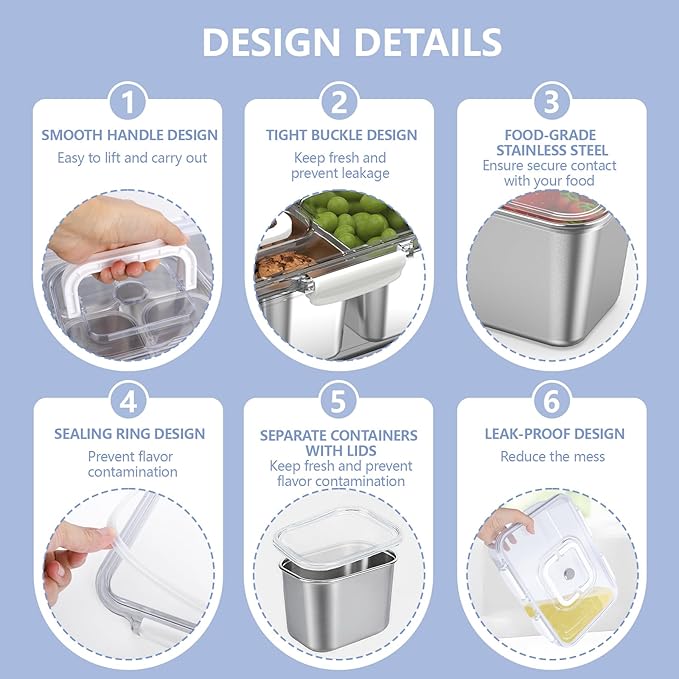 2 Pack Snackle Box Container with 8 Removable Stainless Steel Containers – Clear Divided Serving Snack Tray with Lid & Handle – Leak-Proof for Wet/Dry Food – Perfect for Parties, Travel, Office