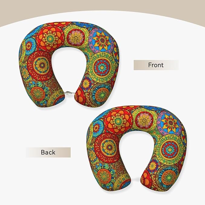 Comfortable Travel Pillow for Pain Relief Sleeping, Memory Foam Airplane Car Neck Pain Pillows Trippy Mandala Flower Gear, Funny Chin Head Support Cushion