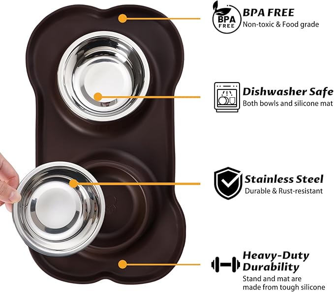 Hubulk Pet Dog Bowls 2 Stainless Steel Dog Bowl with No Spill Non-Skid Silicone Mat + Pet Food Scoop Water and Food Feeder Bowls for Feeding Small Medium Large Dogs Cats Puppies (Medium, Chocolate)