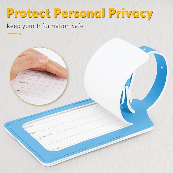 Travelambo 8 Pack Luggage Tags Faux Leather for Suitcases Travel Bag Labels Travel Accessories Essential with Protection Cover ID (Light Blue)