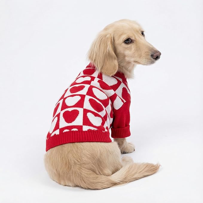 Fitwarm Checkered Heart Dog Sweater, Cozy Valentines Outfit for Small Dogs Girl, Festive Pet Clothes, Red, White, Medium