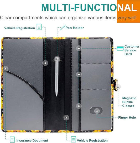 RSAquar Car Registration & Insurance Holder - Leather Glove Box Organizer, Cool Accessories for ID, Driver's License Cards & Essential Documents, Men & Women, Sunflower