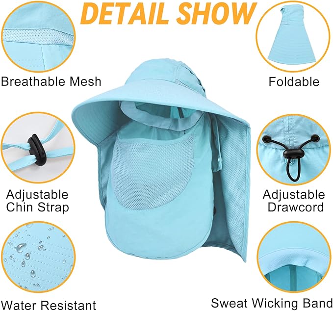 Sun Hats for Men Women Detachable Face Cover Wide Brim Fishing Hats with Neck Flap UPF 50+ Outdoor Safari Hats