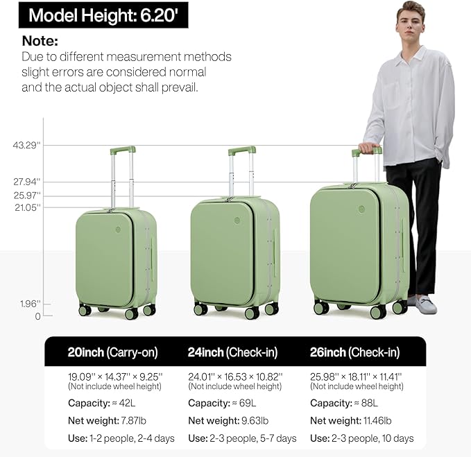 mixi 20 Inch Carry On Luggage 22x14x9 Airline Approved PC Hard Shell Suitcase Top Opening Aluminum Frame Travel Suitcases with Wheels, Avocado Green