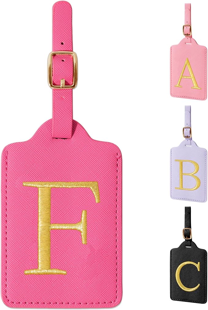 Personalized Initial Luggage Tags for Suitcase - Rose Red Leather With Privacy Cover Name Card, Embroidered Custom Monogram Travel Backpack Tag Gifts for Women Kids (F)