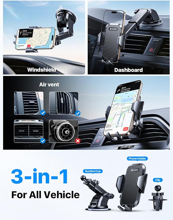 andobil 2026 Military-Grade Car Phone Holder [Upgraded Strongest Suction & Clip] Phone Holders for Your Car, Dashboard Windshield Vent Car Phone Mount for iPhone 17 Pro Max 16 15 14 13 12 Android