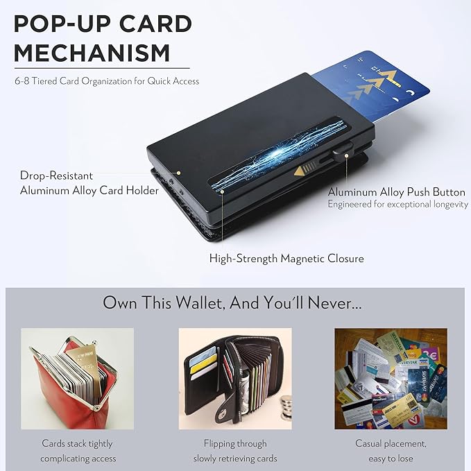 RFID Blocking Slim Wallet for Men w/Metal Pop Up Credit Card Holder & Money Clip, Minimalist Carbon Fiber Bifold Front Pocket Wallet