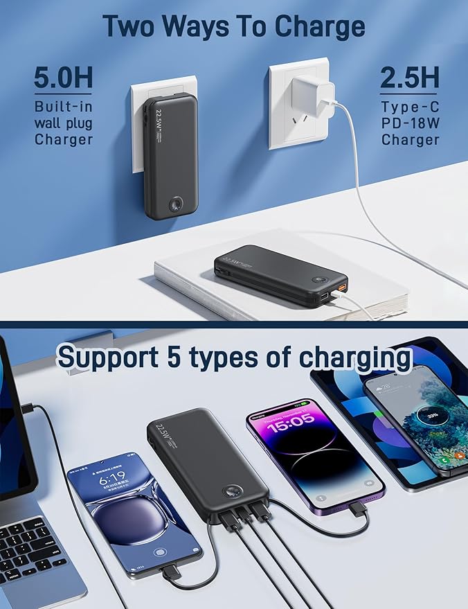 Portable Charger, 12000mAh 22.5W Fast Charging Power Bank with Built-in Cables & Wall Plug, Travel Essentials External Battery Pack, USB C Battery Phone Charger for iPhone, iPad, Samsung Black
