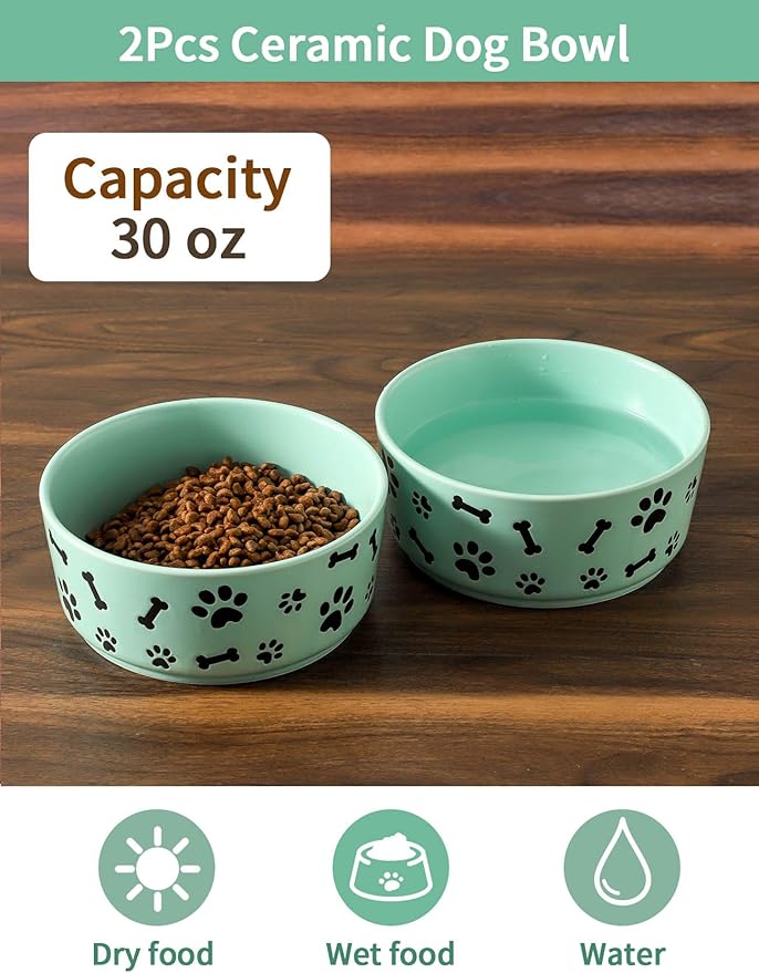 UBEE Ceramic Dog Bowl Set of 2, 6.5 inch Dog Food Bowl Dish with Bone Paw Pattern, Pet Food Water Dish Feeding for Small and Meidum Dogs and Large Cat, Green