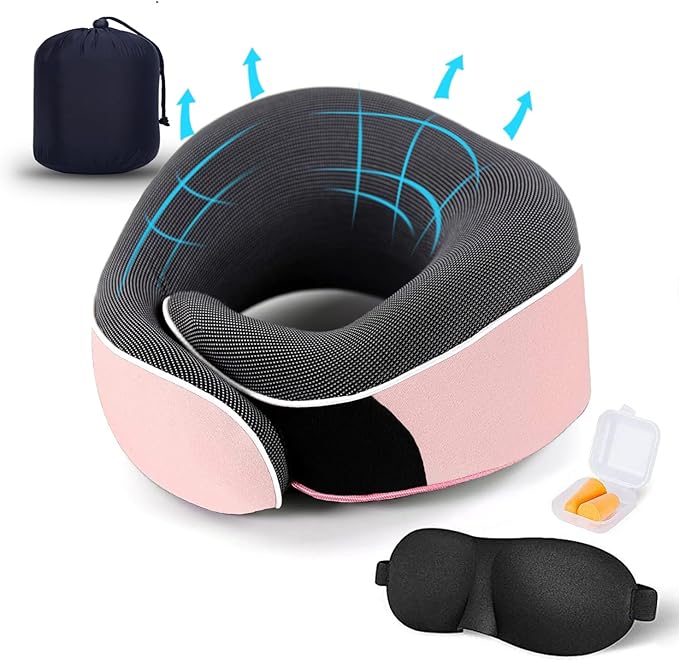 Travel Neck Pillow, Best Memory Foam Airplane Pillow for Head Support Soft Adjustable Pillow for Plane, Car & Home Recliner Use (Pink1)