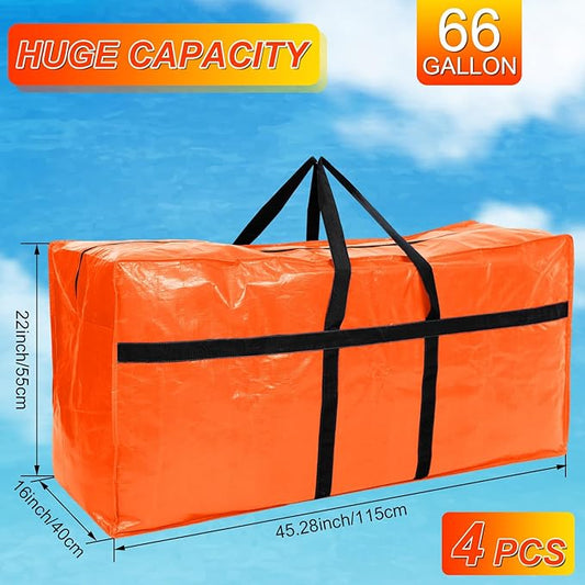 4 Pcs 66 Gallon Large Moving Bags with Zipper and Handles Foldable Storage Duffle Bags Heavy Duty Extra Large Totes for College Dorm Travel Clothes Blankets Bedding Moving (Orange)