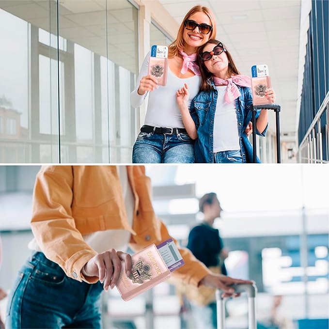 Coowayze US Passport Holder Wallet for Travel Men Women RFID Blocking Passport Cover Case, Waterproof Pink Leather Passport Book Protector with Vaccine Card Slot Travel Document Organizer