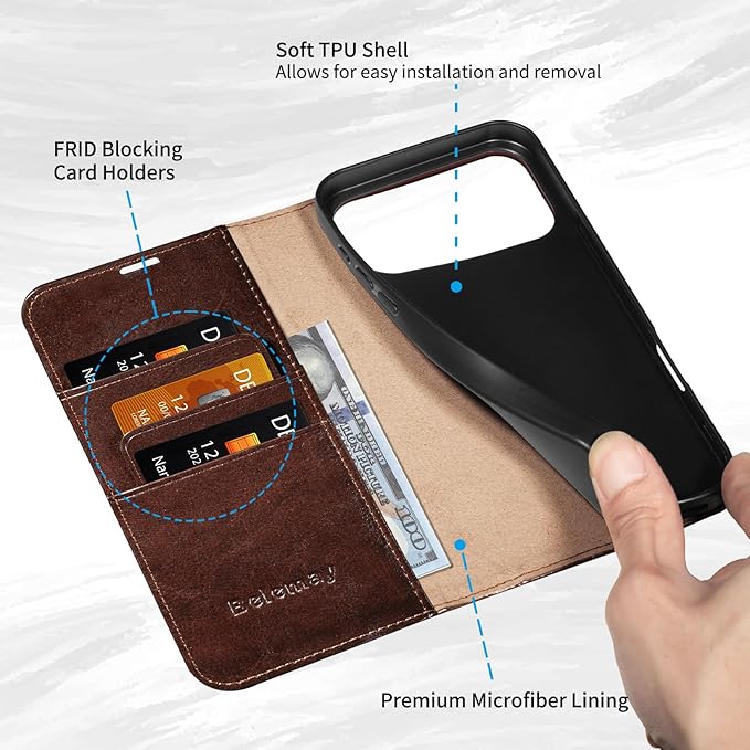 Belemay Leather Wallet Case Compatible with iPhone 17 Pro, Premium Cowhide Leather Two-Tone Effect, RFID Blocking Card Holders, Shockproof TPU Shell, Kickstand, Protective Flip Cover, 6.3", Brown