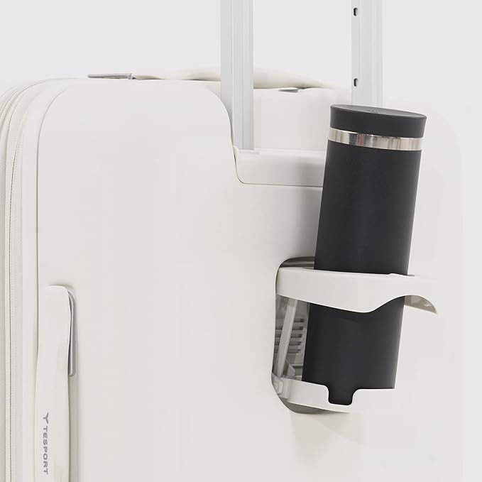Tesport 22in Hard Shell Carry-On Luggage with Spinner Wheels, Lightweight PC Expandable Carry-On Suitcase with TSA Lock, Built-in Cup Holder, White