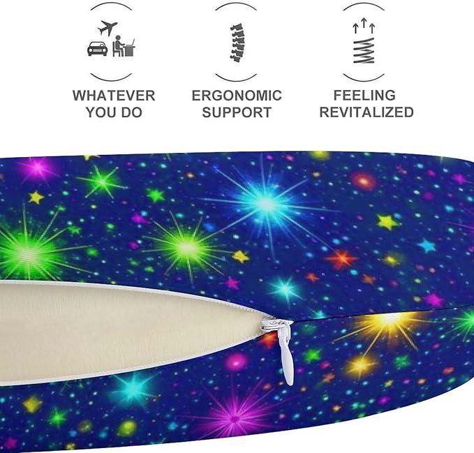 Pain Relief Travel Neck Pillow Colorful Galaxy Stars, Memory Foam U Shaped Support, Breathable Zip Cover for Airplane Car Office Men Women