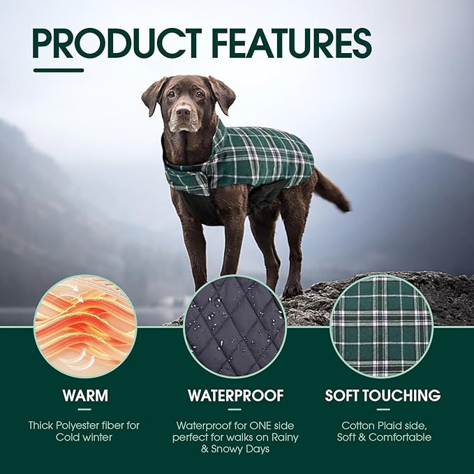 Kuoser Warm Dog Coat, Waterproof Dog Jacket for Extra Large Dogs, Adjustable Durable XXL Doggie Winter Coat Reversible Puppy Cold Weather Apparel from Small to Large Breed, Green XXL
