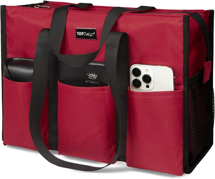 TOPDesign Utility Water Resistant Tote Bag with 13 Pockets, Top Zipper Closure & Thick Bottom Support, for Working Women