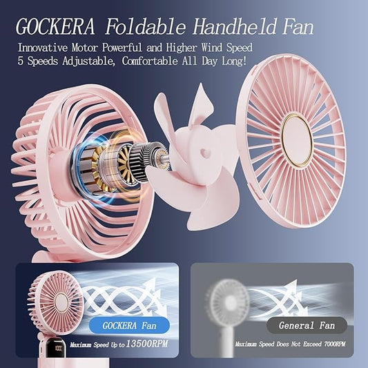 Portable Fan, 4200mAh Battery Operated Fan, 5 Speeds&Digital Display, Makeup Fans for Women with Base, 180°Foldable 3in1 Handheld/Neck/Desk Fan for Outdoor Indoor,Ultra Quiet (Pink)