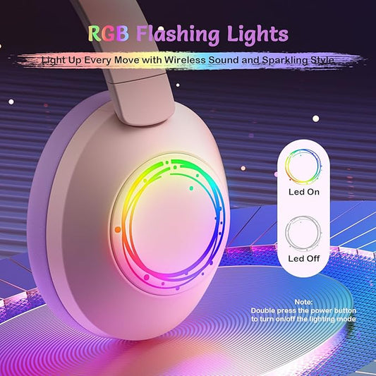 Noise Cancelling Headphones for Kids,Colorful RGB LED Lights, 60H Playtime, Bluetooth 5.4 Wireless Over-Ear Headset Built-in Microphone for Home/School/Party- Includes Portable Case(Pink)
