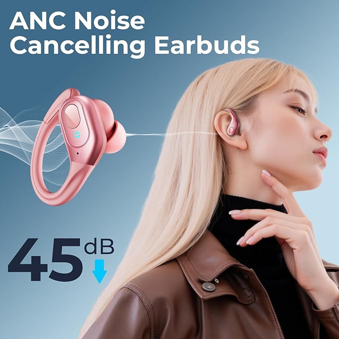 occiam Active Noise Cancelling Ear Buds Bluetooth Headphones Wireless Earbuds 90Hrs Playback Stereo Bass Earphones with Over-Ear Hooks IPX7 Waterproof Earbud for Sports Running Gym Workout Rose Gold