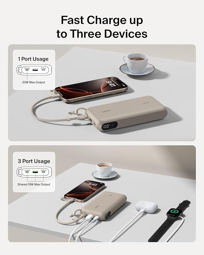 Belkin Portable Charger, USB-C Power Bank 20,000mAh w/ 2X USB-C Ports & 1x A Port, Digital Battery Display, 20W Charging for iPhone 17, Air, Pro, Samsung Galaxy S25, Pixel 10, iPad, & More - Sand