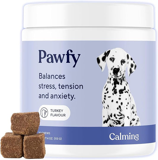 Pawfy Calming Chews for Dogs | Natural Dog Calming Chews - Supports Relaxation and Calm Behavior | Helps with Thunder, Separation, Chewing & Barking | Soothing Aid for Fireworks - 30 Turkey Treats