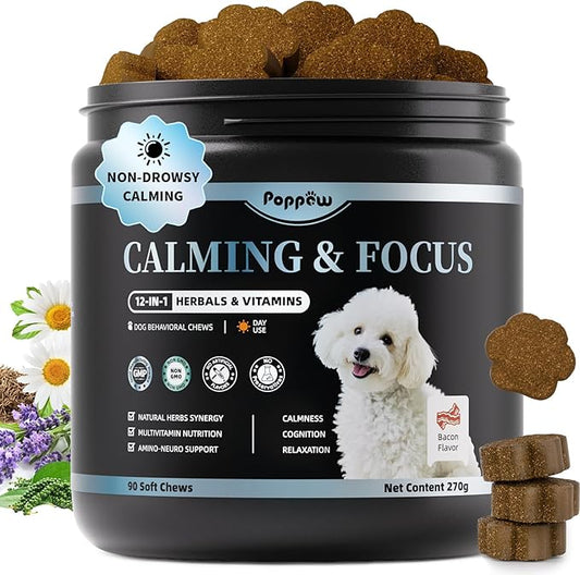Calming Chews for Dogs – Calming Treats for Anxiety, Stress, Separation, Travel & Thunder, Non-Drowsy Alternative to Melatonin, Calm & Focus with Chamomile & Ashwagandha, Bacon Flavor, 90Ct