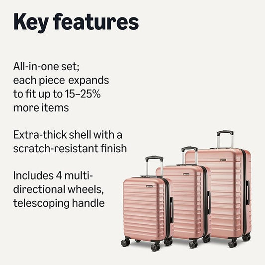 Amazon Basics 3-Piece Set (21", 26", 30"), Hardshell Suitcases With Wheels, Expandable For Up to 25% More Space, With Scratch-Resistant Surface, Four Multi-directional Wheels, Rose Gold