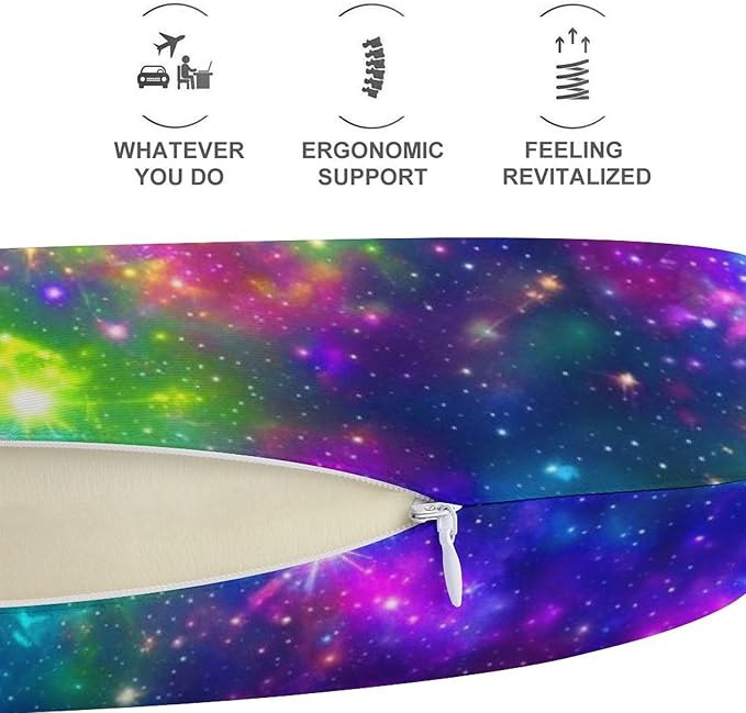 Cute Decorative Travel Neck Pillow Memory Foam Chin Cushion Colorful Galaxy Nebula, Washable Cover for Women Airplane Car Home Sleeping Rest