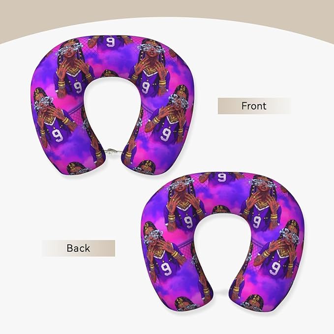 Travel Neck Pillows for Sleeping Rest Car Airplanes African American Black Girl Gold Ring Art Purple, Memory Foam with Removable Breathable Zipper Cover Washable for Men Women