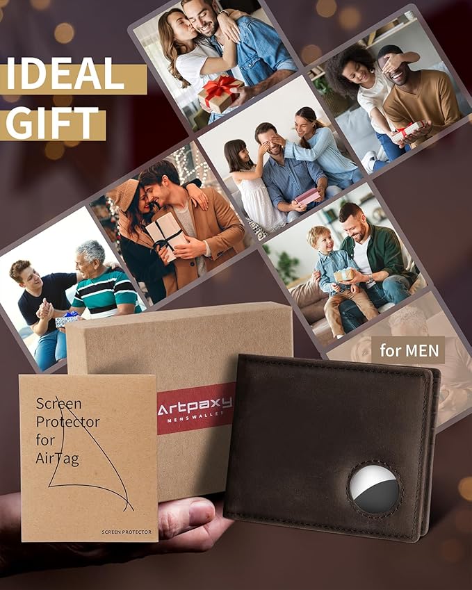 Mens Wallet With AirTag Holder, Bifold Leather RFID Blocking 1-2 ID Windows 12-13 Card Holders, Gift Box and Screen Protector Included, AirTag Not Included