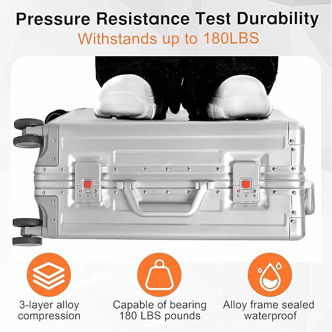 All Aluminum 24 Inch Check In Luggage Hard Shell Suitcases with Spinner Wheels and TSA Lock, Checked Medium Suitcase (Sliver)