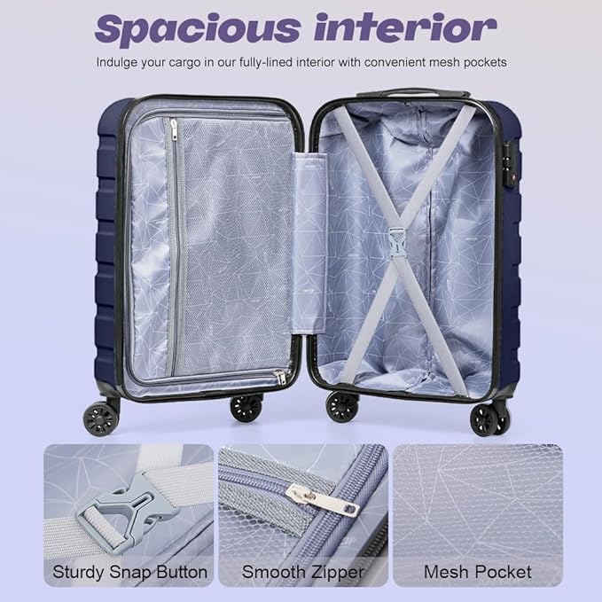 AnyZip Luggage Set 20 Inch Carry on Luggage PC ABS Hardshell Lightweight Suitcases for Travelling with 4 Universal Wheels TSA Lock Dark Blue