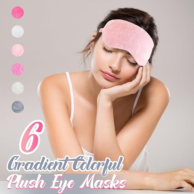 Cuffbow 6 Pcs Plush Sleep Eye Mask Silk Furry Eye Covers for Sleeping Cute Sleep Mask Fluffy Comfortable Sleeping Blindfold for Travel Sleepover Nap Party Supply Women(Simplicity,Pure)