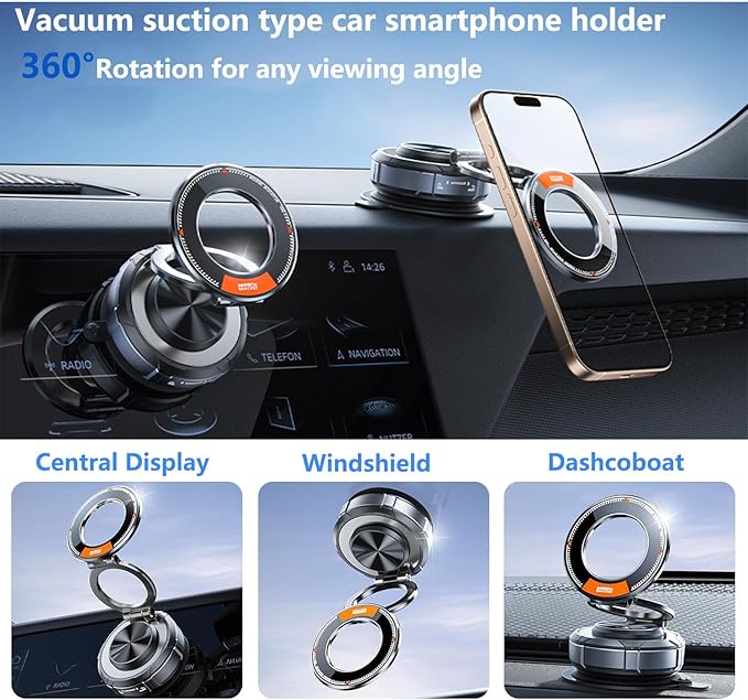 GONSIFACHA Suction Cup Phone Mount 360° Zinc Alloy Phone Stand Vacuum Magnetic Car Holder Compatible with MagSafe Adjustable Car Phone Mount Compatible with iPhone Android and All Smartphoness