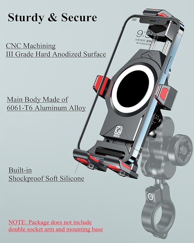 BRCOVAN 1'' Ball Aluminum Alloy Phone Mount Holder with Vibration Dampener, for Motorcycle ATV UTV Car Bike Boat Truck Scooter Fit for RAM Mounts B Size 1'' Ball Double Socket Arm, for 4.7-7.2'' Phone