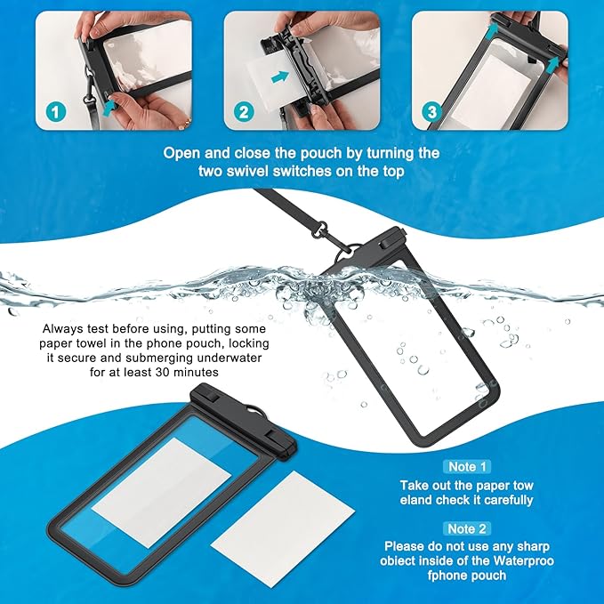 2 Pack Waterproof Phone Pouch for iPhone 17 16 15 14 13 12 11 Pro Max Plus Air, IPX8 Cellphone Dry Bag with Detachable Lanyard for Beach Cruise Ship Travel Essentials (Black+Black)