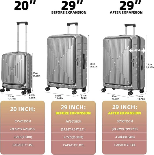 2 Pieces 20/29 Luggage Sets, 20 Inch Cabin Luggage with Front Pocket & 29 Inch Side Opening Suitcase, Ligthweight ABS+PC Hardshell, Gray