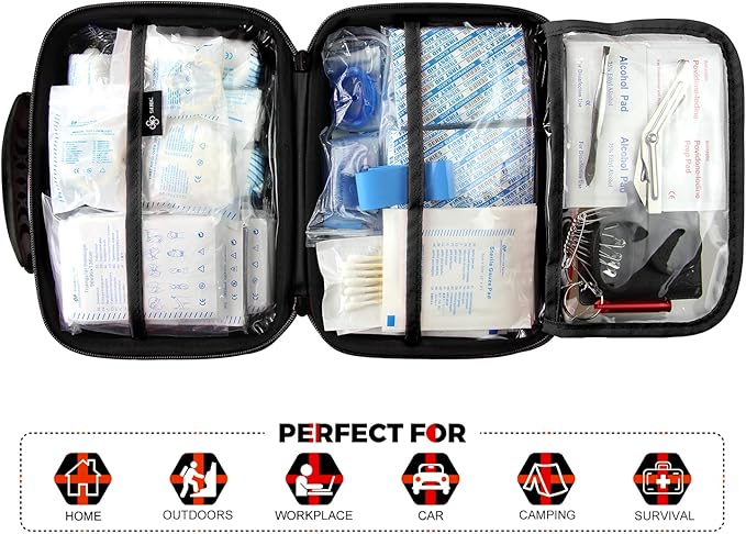 SHBC Waterproof First Aid Kit (228pcs) with All Basic or Advanced Supplies You Need. Suitable for Emergencies at Home or Outside, Travel, Home, Camping, Black