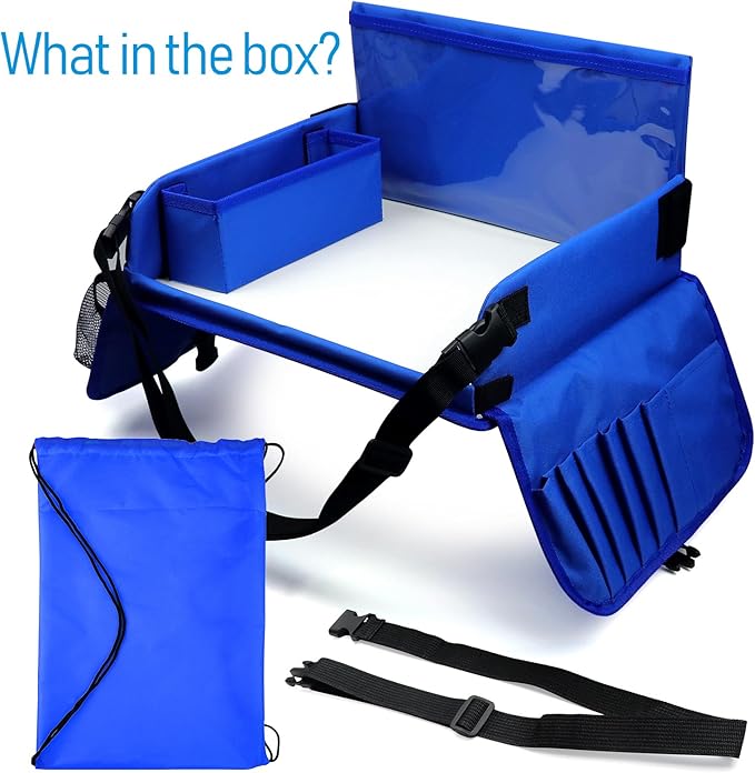 Julaiwy Travel Tray for Kids, Carseat Table Tray for Road Trip Activities, Toddler Lap Desk Organizer for Airplane - Blue