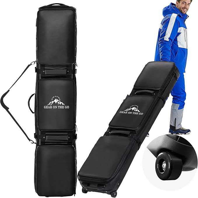 Wheeled Ski Bag for Air Travel - Extendable 155-185CM Waterproof Padded Rolling Snowboard Bag for Double Skis, Boots, Helmet & Ski Gear