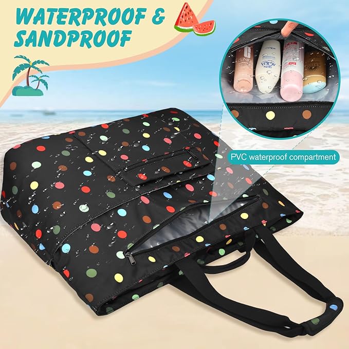 Extra Large Beach Bags for Women, Waterproof Sandproof Beach Tote Bag Zipper Foldable Swim Pool Bag with Wet Pocket