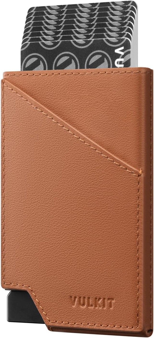 VULKIT Pop up Card Wallet Top-Grain Genuine Leather RFID Blocking Slim Aluminum Metal Bank Card Holder Case with Business Money Pocket for Credit Cards Notes and Coins Brown