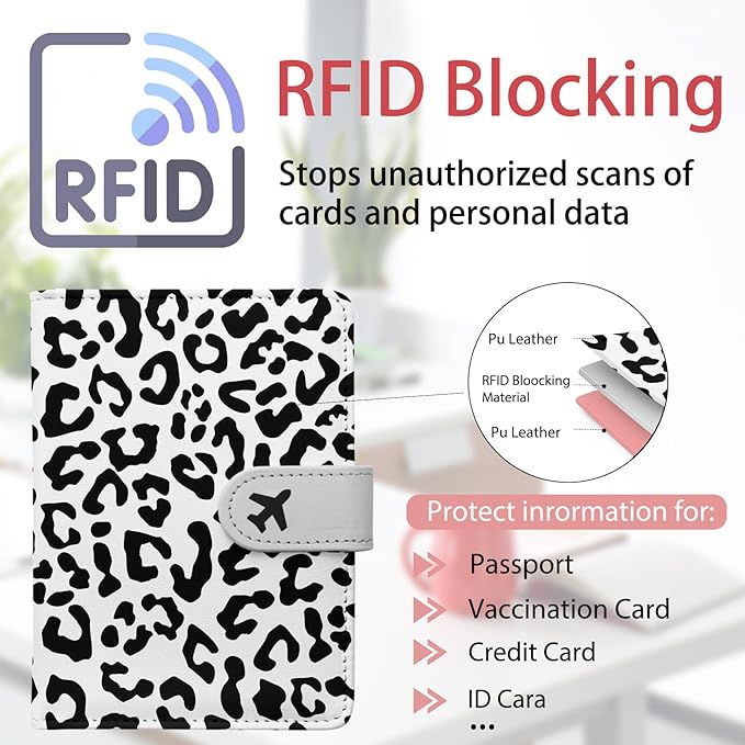 Passport Holder, Travel Wallet Cover with Pen Loop | Cute RFID Blocking Leather Case with Magnetic Closure for Travel Essentials-Leopard