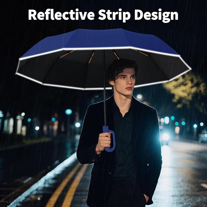 Seniny Travel Umbrella with Carabiner Handle, Windproof Large Umbrellas for Rain with Dual-Rib Structure, Portable Compact Umbrella with Reflective Strip, Car Backpack UV Umbrellas for Sun Protection